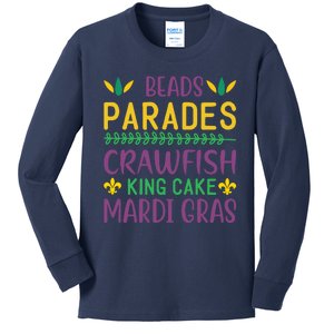 Beads Parades Crawfish King Cake Mardi Gras Kids Long Sleeve Shirt