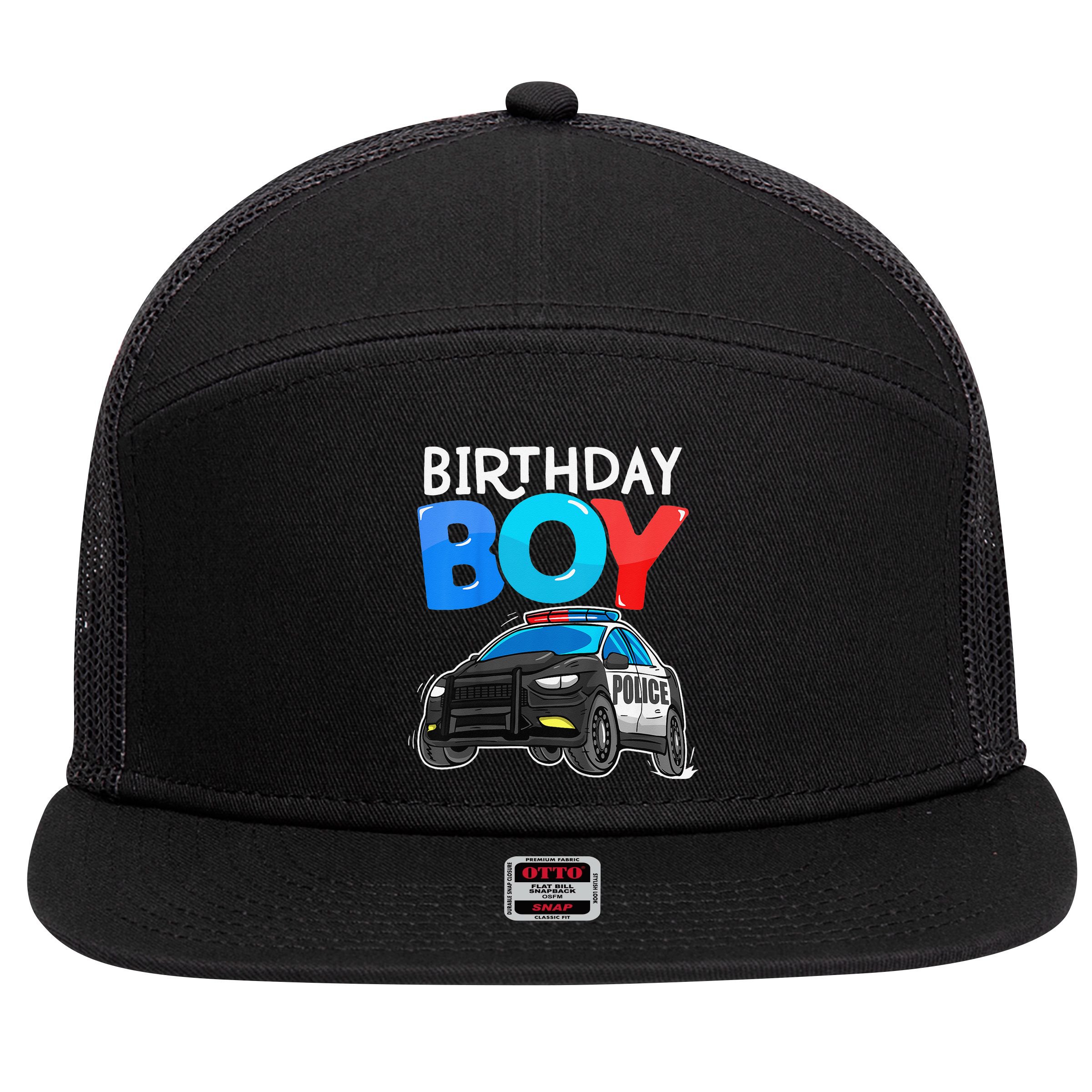Birthday Police Car Policeman Theme Birthday 7 Panel Mesh Trucker Snapback Hat
