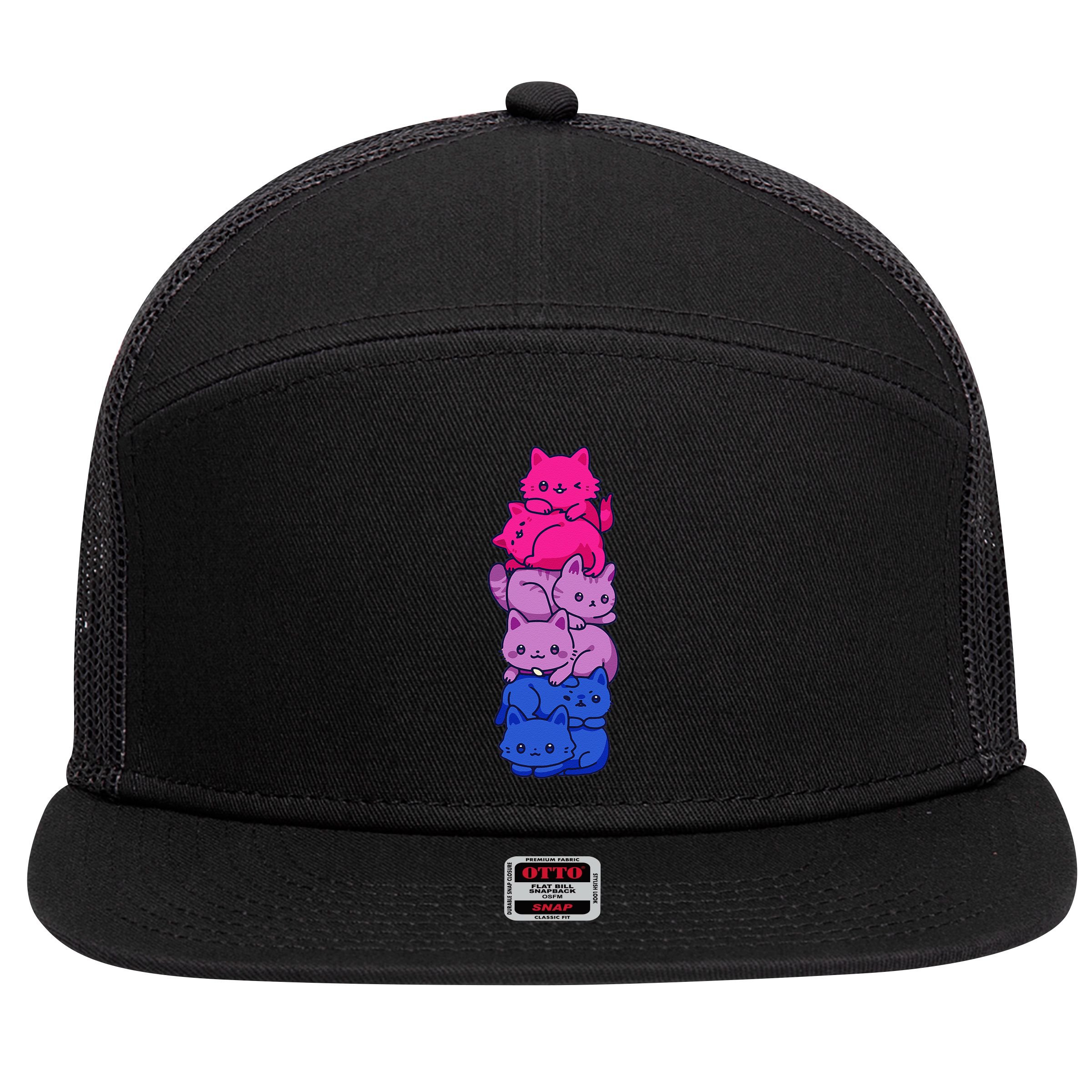 Bi Pride Cat LGBT Bisexual Flag Cute Kawaii Cats Pile Gift 7 Panel Mesh Trucker Snapback Hat