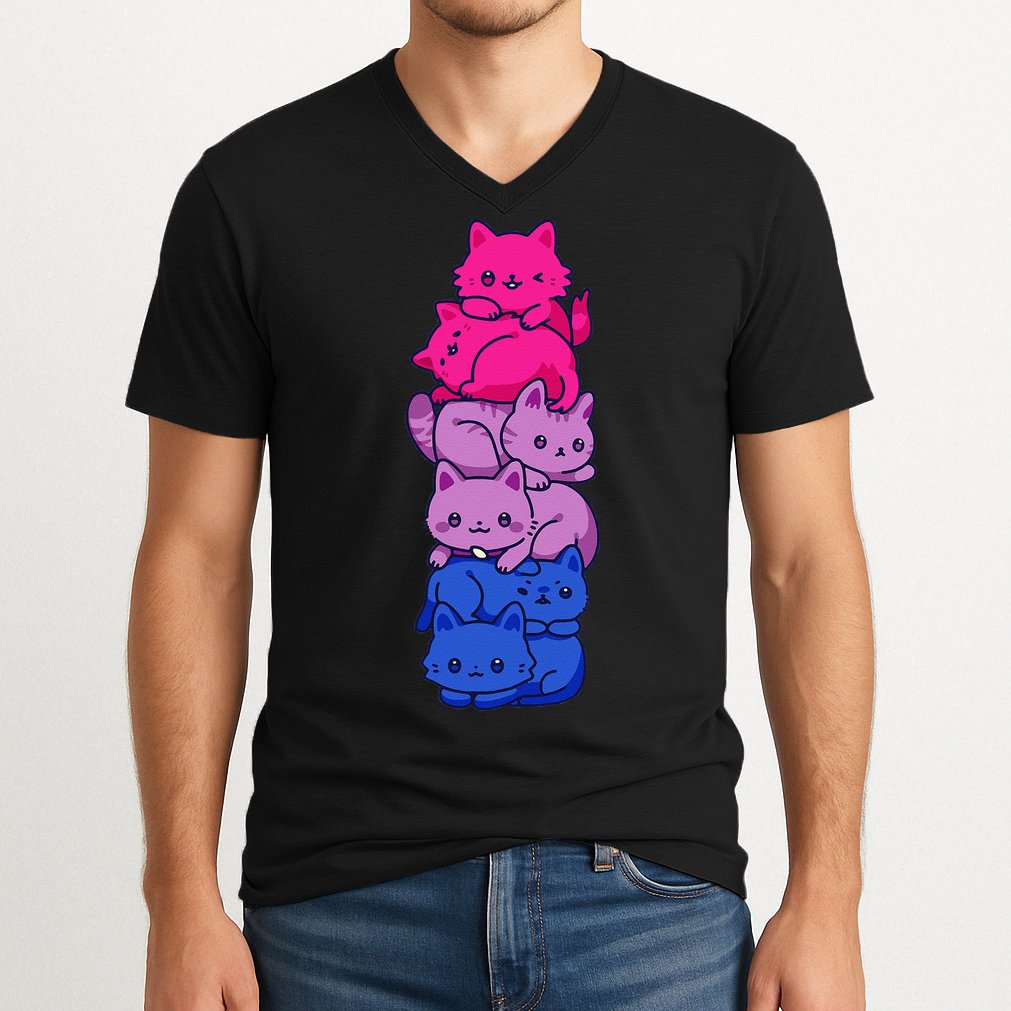Bi Pride Cat LGBT Bisexual Flag Cute Kawaii Cats Pile Gift V-Neck T-Shirt