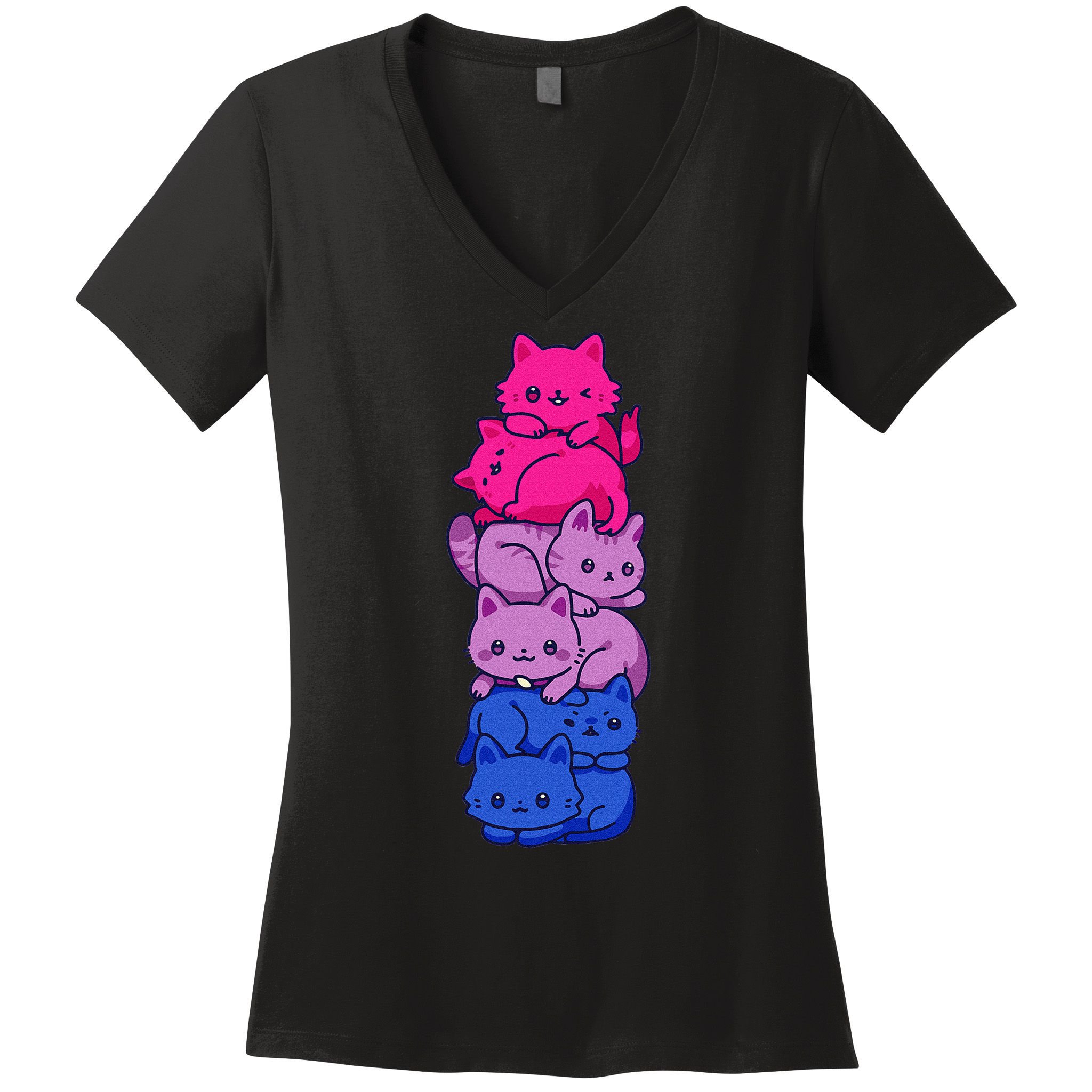 Bi Pride Cat LGBT Bisexual Flag Cute Kawaii Cats Pile Gift Women's V-Neck T-Shirt