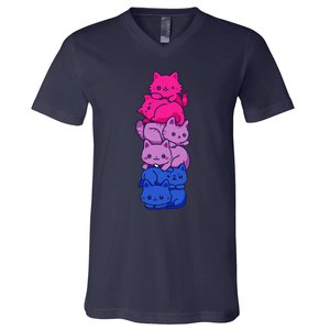 Bi Pride Cat LGBT Bisexual Flag Cute Kawaii Cats Pile Gift V-Neck T-Shirt