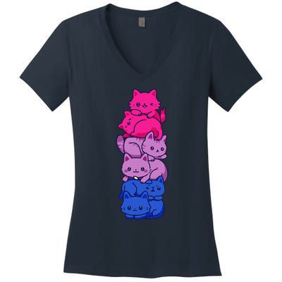 Bi Pride Cat LGBT Bisexual Flag Cute Kawaii Cats Pile Gift Women's V-Neck T-Shirt