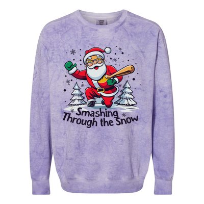 Baseball Player Christmas Santa Smashing Through The Snow Gift Colorblast Crewneck Sweatshirt