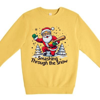 Baseball Player Christmas Santa Smashing Through The Snow Gift Premium Crewneck Sweatshirt