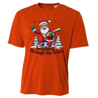 Baseball Player Christmas Santa Smashing Through The Snow Gift Cooling Performance Crew T-Shirt