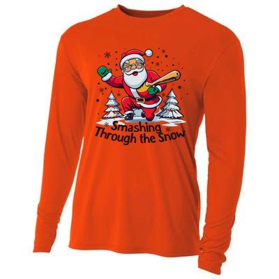 Baseball Player Christmas Santa Smashing Through The Snow Gift Cooling Performance Long Sleeve Crew