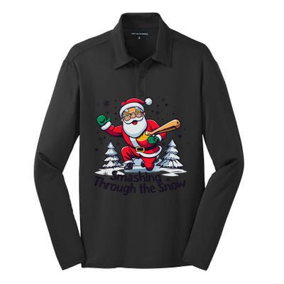 Baseball Player Christmas Santa Smashing Through The Snow Gift Silk Touch Performance Long Sleeve Polo