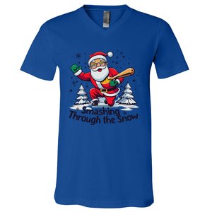 Baseball Player Christmas Santa Smashing Through The Snow Gift V-Neck T-Shirt