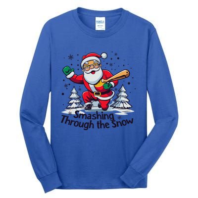 Baseball Player Christmas Santa Smashing Through The Snow Gift Tall Long Sleeve T-Shirt