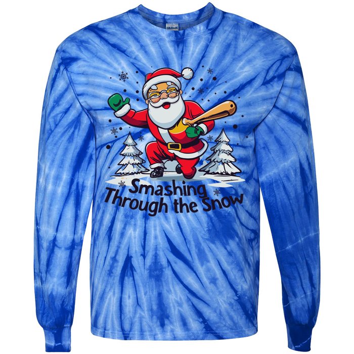 Baseball Player Christmas Santa Smashing Through The Snow Gift Tie-Dye Long Sleeve Shirt