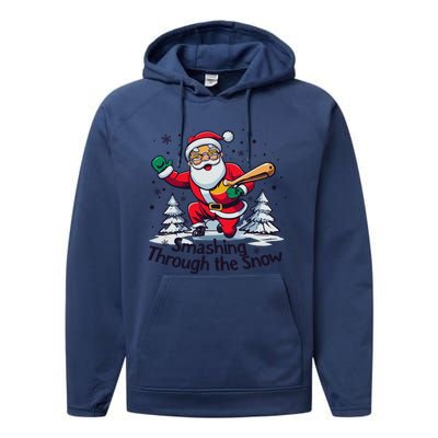 Baseball Player Christmas Santa Smashing Through The Snow Gift Performance Fleece Hoodie