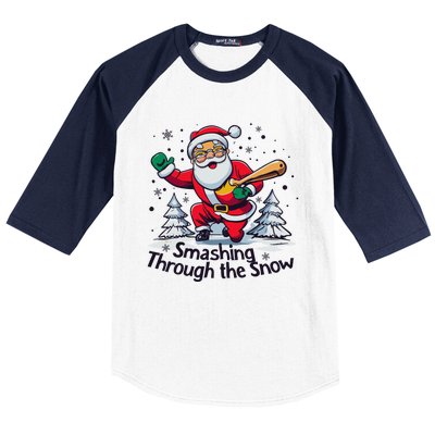 Baseball Player Christmas Santa Smashing Through The Snow Gift Baseball Sleeve Shirt