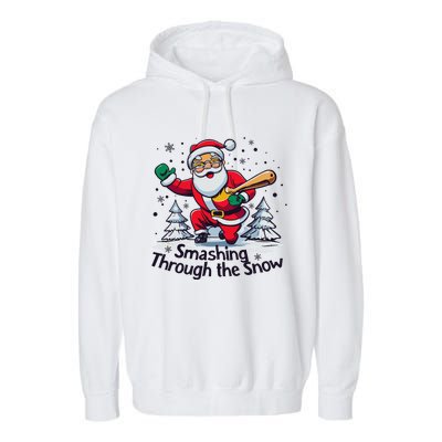 Baseball Player Christmas Santa Smashing Through The Snow Gift Garment-Dyed Fleece Hoodie