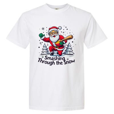 Baseball Player Christmas Santa Smashing Through The Snow Gift Garment-Dyed Heavyweight T-Shirt