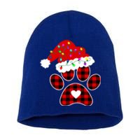 Buffalo Plaid Christmas Paw Dog With Santa Hat And Lights Gift Short Acrylic Beanie