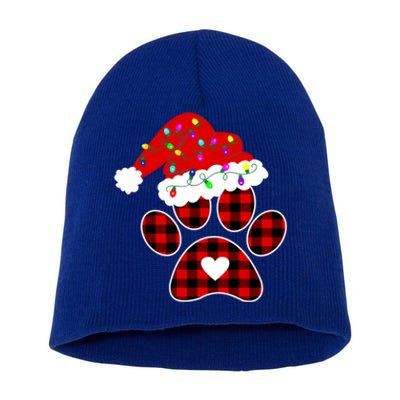 Buffalo Plaid Christmas Paw Dog With Santa Hat And Lights Gift Short Acrylic Beanie