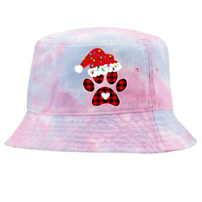 Buffalo Plaid Christmas Paw Dog With Santa Hat And Lights Gift Tie-Dyed Bucket Hat