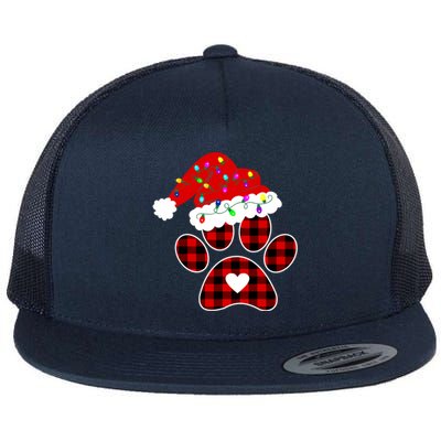 Buffalo Plaid Christmas Paw Dog With Santa Hat And Lights Gift Flat Bill Trucker Hat