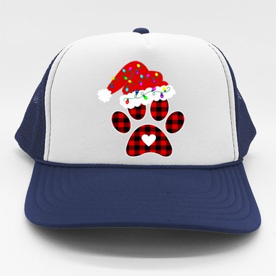 Buffalo Plaid Christmas Paw Dog With Santa Hat And Lights Gift Trucker Hat