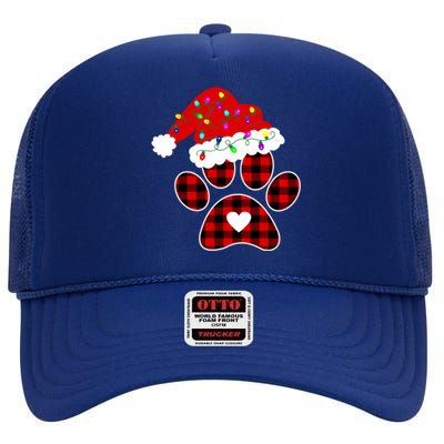 Buffalo Plaid Christmas Paw Dog With Santa Hat And Lights Gift High Crown Mesh Back Trucker Hat