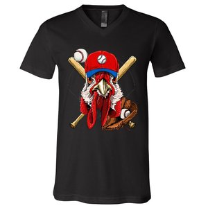 Baseball Player Chicken Pitcher Catcher Baseball Coach Farm V-Neck T-Shirt