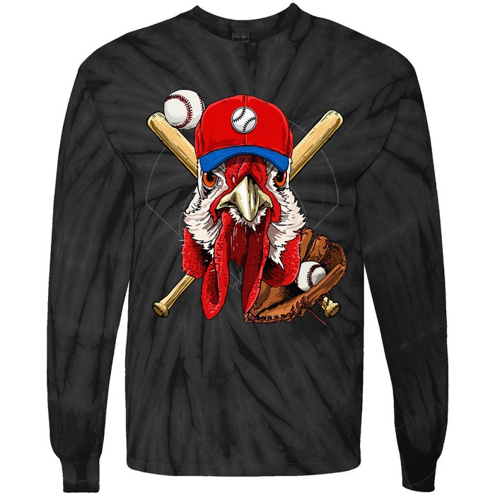 Baseball Player Chicken Pitcher Catcher Baseball Coach Farm Tie-Dye Long Sleeve Shirt