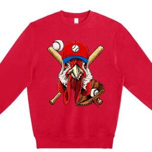 Baseball Player Chicken Pitcher Catcher Baseball Coach Farm Premium Crewneck Sweatshirt