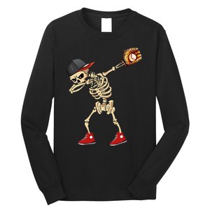 Baseball Player Catcher Pitcher With Mitt Dabbing Skeleton Long Sleeve Shirt