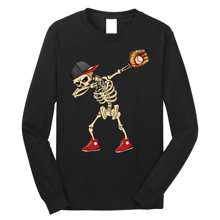 Baseball Player Catcher Pitcher With Mitt Dabbing Skeleton Long Sleeve Shirt