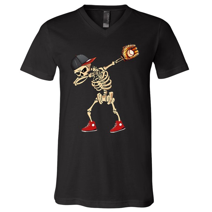 Baseball Player Catcher Pitcher With Mitt Dabbing Skeleton V-Neck T-Shirt