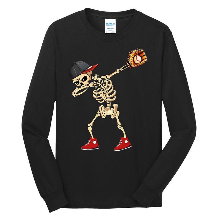 Baseball Player Catcher Pitcher With Mitt Dabbing Skeleton Tall Long Sleeve T-Shirt