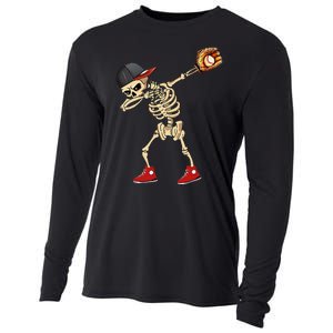 Baseball Player Catcher Pitcher With Mitt Dabbing Skeleton Cooling Performance Long Sleeve Crew