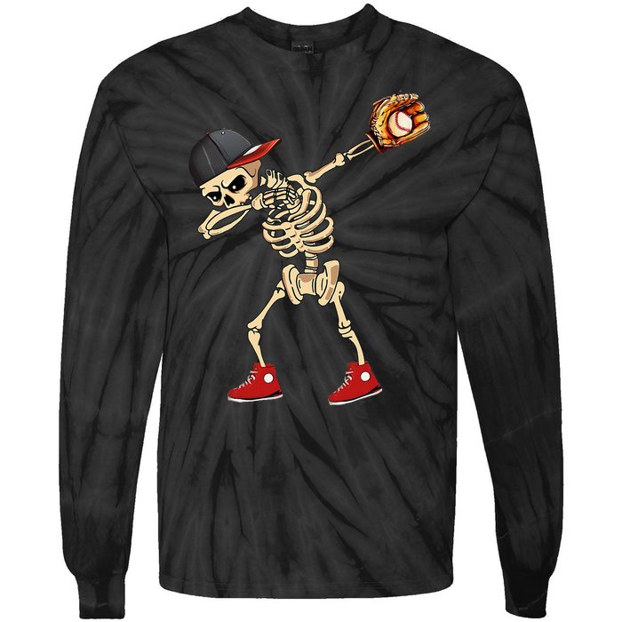 Baseball Player Catcher Pitcher With Mitt Dabbing Skeleton Tie-Dye Long Sleeve Shirt