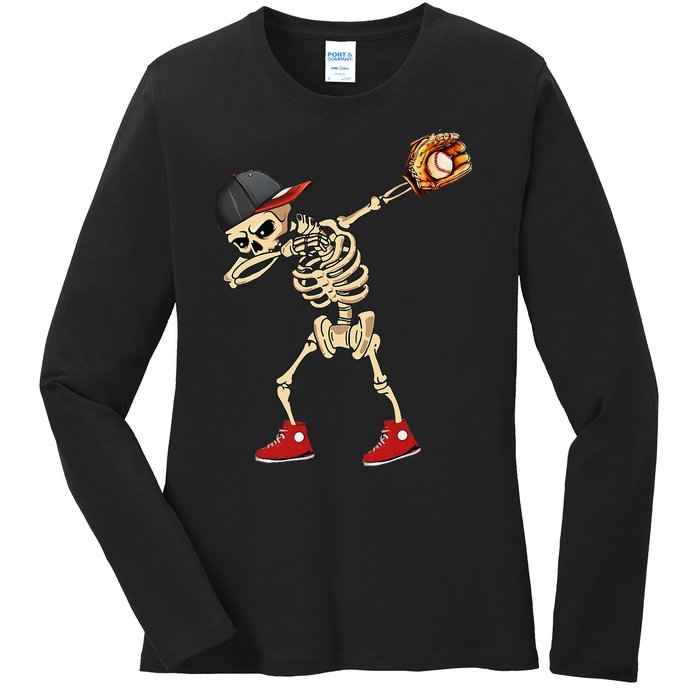 Baseball Player Catcher Pitcher With Mitt Dabbing Skeleton Ladies Long Sleeve Shirt