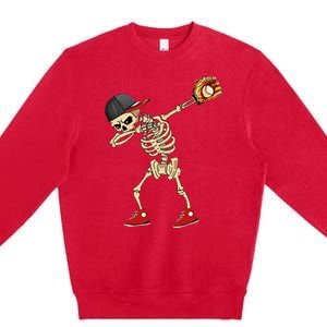 Baseball Player Catcher Pitcher With Mitt Dabbing Skeleton Premium Crewneck Sweatshirt