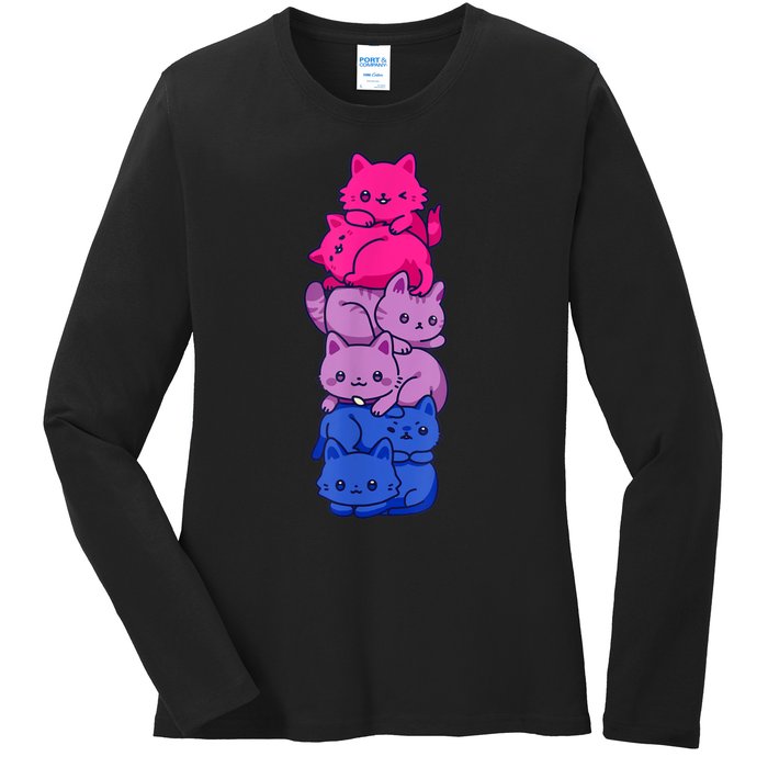 Bi Pride Cat LGBT Bisexual Flag Cute Kawaii Cats Pile Ladies Long Sleeve Shirt