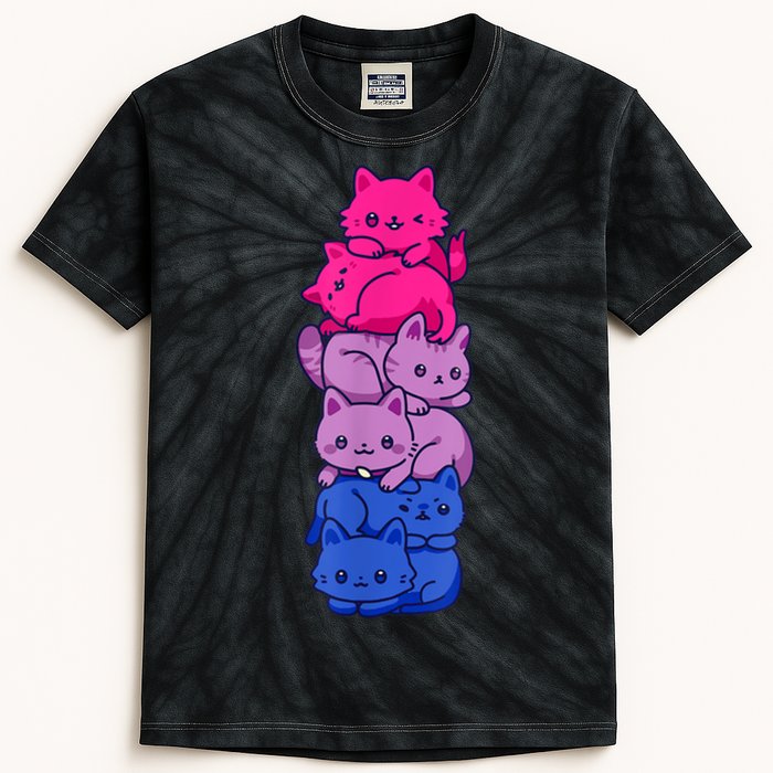 Bi Pride Cat LGBT Bisexual Flag Cute Kawaii Cats Pile Kids Tie-Dye T-Shirt