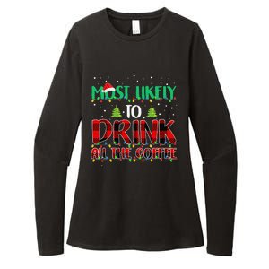 Buffalo Plaid Christmas Most Likely To Drink All The Coffee Gift Womens CVC Long Sleeve Shirt