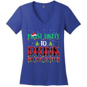 Buffalo Plaid Christmas Most Likely To Drink All The Coffee Gift Women's V-Neck T-Shirt