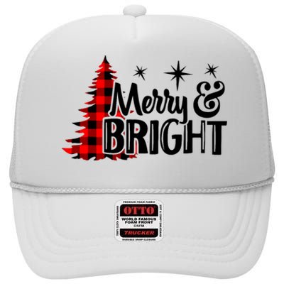 Buffalo Plaid Christmas Tree Merry And Bright High Crown Mesh Back Trucker Hat