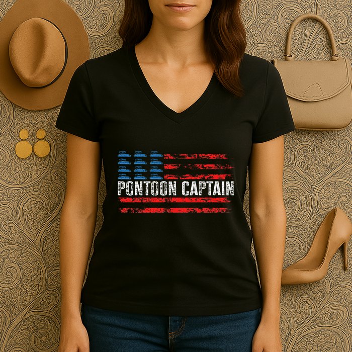 Boating Pontoon Captain 4th Of July Pontoon Boat Women's V-Neck T-Shirt