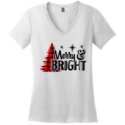 Buffalo Plaid Christmas Tree Merry And Bright Women's V-Neck T-Shirt