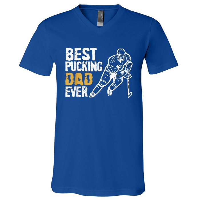 Best Pucking Dad Ever Retro Ice Hockey Coach V-Neck T-Shirt