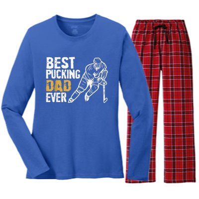 Best Pucking Dad Ever Retro Ice Hockey Coach Women's Long Sleeve Flannel Pajama Set 