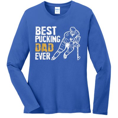 Best Pucking Dad Ever Retro Ice Hockey Coach Ladies Long Sleeve Shirt