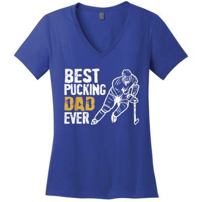 Best Pucking Dad Ever Retro Ice Hockey Coach Women's V-Neck T-Shirt