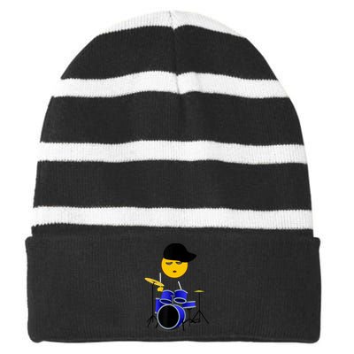 Boy Playing Drums Drummer Funny Emoticon Striped Beanie with Solid Band