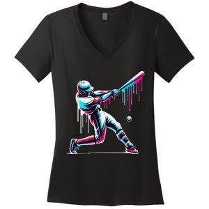 Baseball Player Drip Gift Women's V-Neck T-Shirt