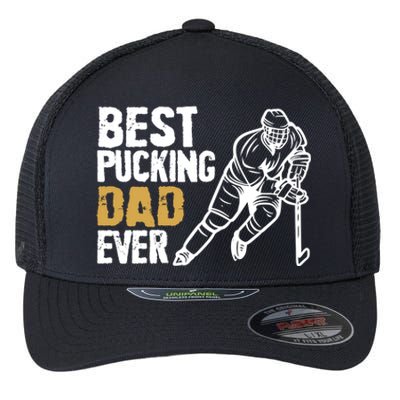 Best Pucking Dad Ever Retro Ice Hockey Coach On Father's Day Gift Flexfit Unipanel Trucker Cap